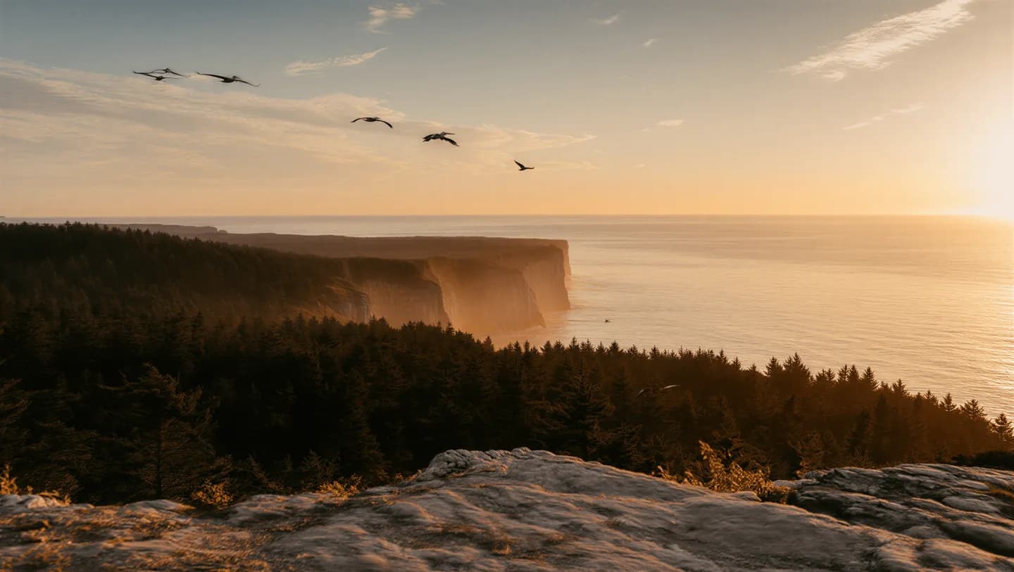 Warm sunset above a wooded coastline