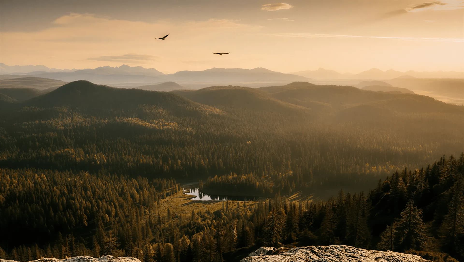 Golden evening light over forested hills and a quiet lake