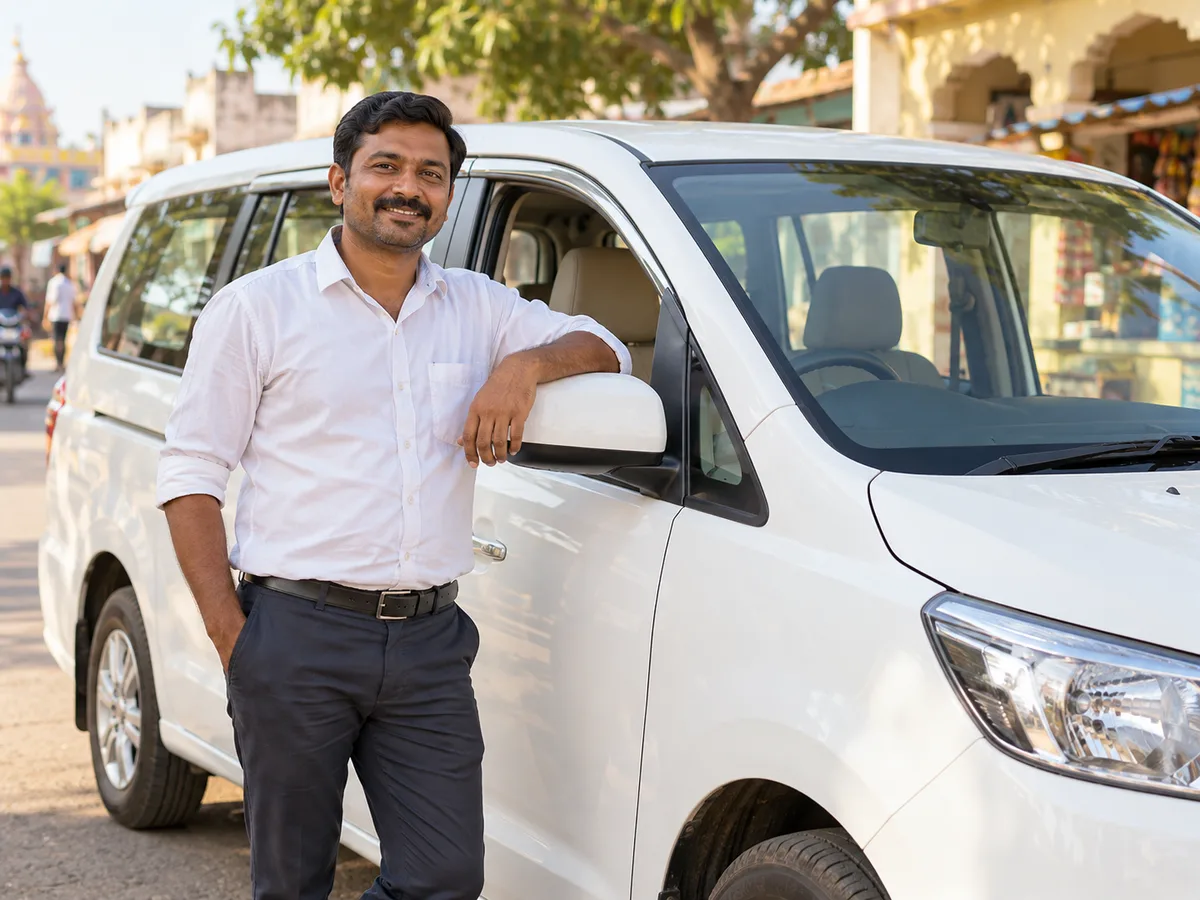 Illustration of an Indian driver beside a passenger vehicle