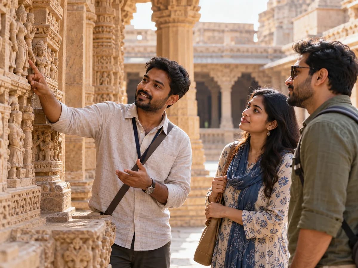 Illustration of an Indian guide explaining heritage details to visitors